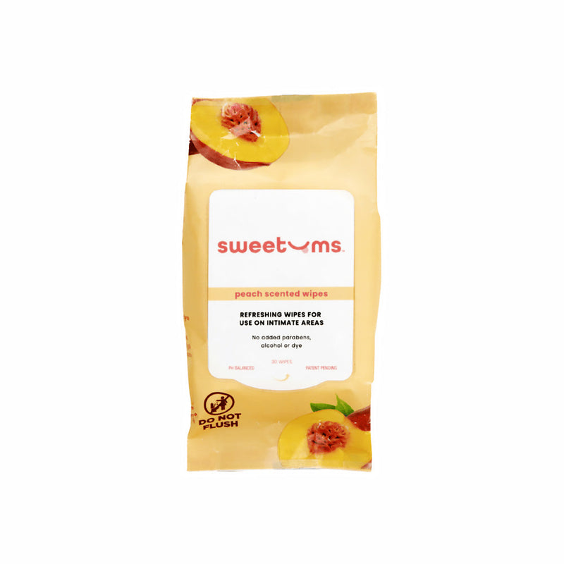 Sweetums Intimate Wipes Peach Scent Unflavored 30 Pack packaging with peach design.