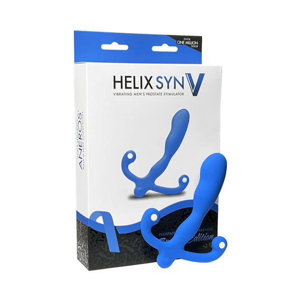 Aneros Helix Syn V Vibrating Prostate Stimulator Blue packaging with product illustration.