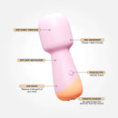 VUSH Peachy Collection Mini Wand with features like deep rumbly vibrations, waterproof design, and body-safe silicone.