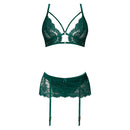 Magic Silk Evermore Bralette Garter Skirt Thong Set Emerald displayed in rich emerald with lace details and scalloped edges.