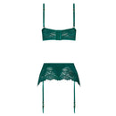 Magic Silk Evermore Bralette Garter Skirt Thong Set Emerald featuring lace details and scalloped edges.