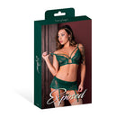 Magic Silk Evermore Bralette Garter Skirt Thong Set Emerald packaging displaying a model in elegant green lace lingerie.