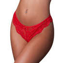 Magic Silk Sugar High Split Crotch Panty Red S/M in luxurious red lace with scalloped edges and a satin bow.