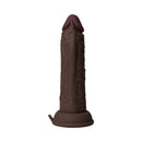 Shaft Vibrating Model J 6.5 inch Silicone Dildo Mahogany on a stand, showcasing its realistic texture and design.