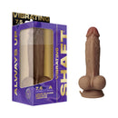 Shaft Vibrating Model A 7.5 inch Dual Density Silicone Dildo Oak in packaging with realistic design.