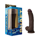 Shaft Vibrating Model C 9.5 inch Dual Density Dildo Mahogany in packaging, featuring realistic design and bottle.