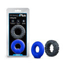 Performance Plus Engage Silicone Cock Ring Set 2 Piece in blue and black packaging with rings displayed.