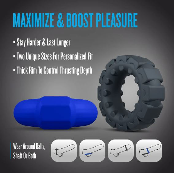 Performance Plus Engage Silicone Cock Ring Set 2 Piece features two unique sizes for personalized fit and enhanced pleasure.