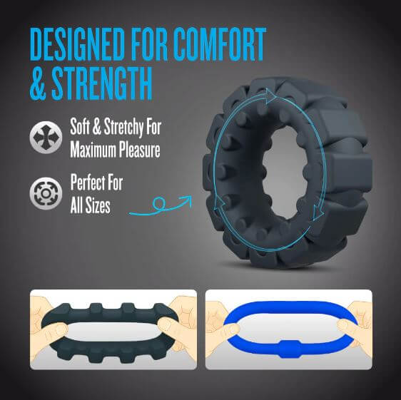 Performance Plus Engage Silicone Cock Ring Set 2 Piece designed for comfort and strength with soft stretchy material.