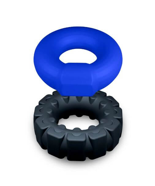 Performance Plus Engage Silicone Cock Ring Set 2 Piece featuring blue and black rings for enhanced performance.
