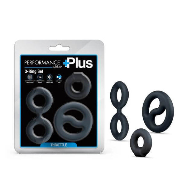 Performance Plus Throttle Silicone Cock Ring Set Black packaging displaying three silicone rings for enhanced performance.
