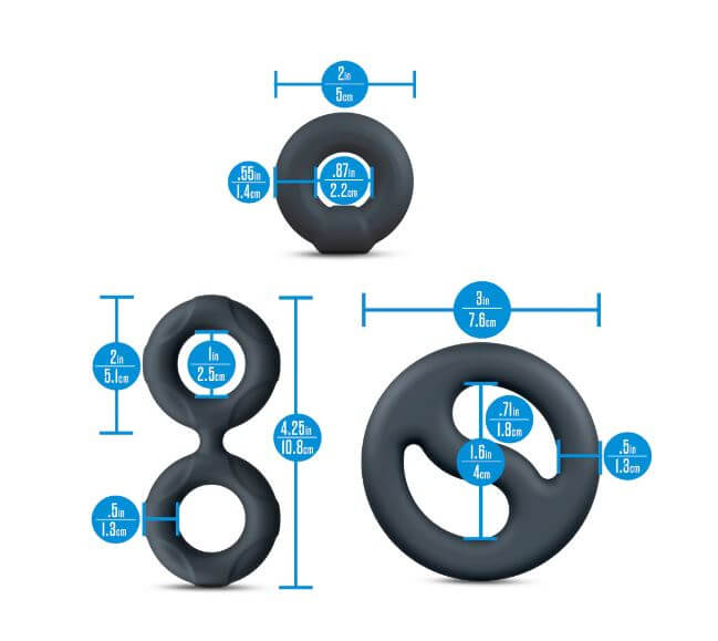 Performance Plus Throttle Silicone Cock Ring Set Black dimensions and design details with measurement labels.