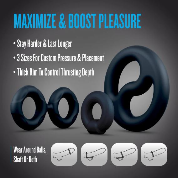 Performance Plus Throttle Silicone Cock Ring Set Black features maximizing pleasure with three sizes for custom fit.