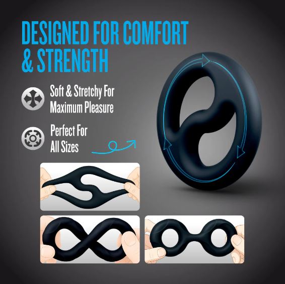 Performance Plus Throttle Silicone Cock Ring Set Black design features, emphasizing comfort and strength for enhanced pleasure.