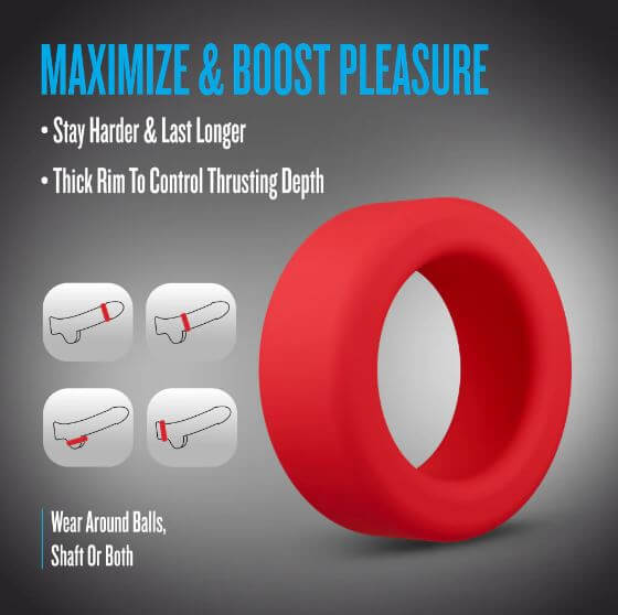 Performance Plus Pursuit Silicone Cock Ring Red on a gray background with text about enhancing pleasure.