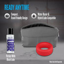 Performance Plus Pursuit Silicone Cock Ring Red with compact travel bag and blush lube compatible bottle.