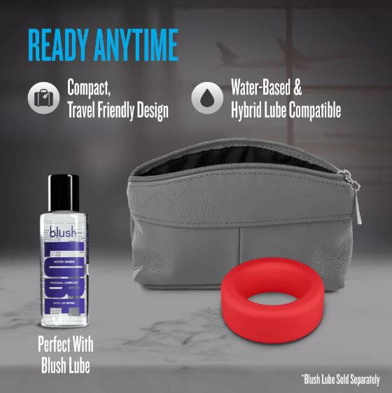 Performance Plus Pursuit Silicone Cock Ring Red with compact travel bag and blush lube compatible bottle.