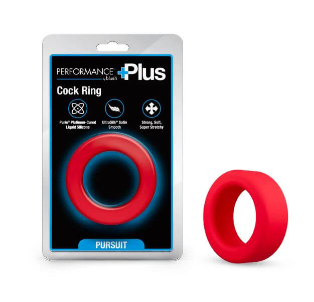 Performance Plus Pursuit Silicone Cock Ring Red packaging with product details and red silicone ring.
