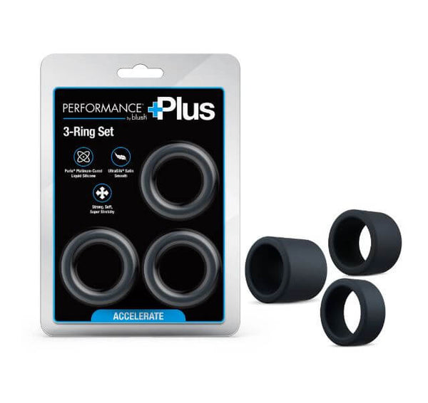 Performance Plus Accelerate Silicone Cock Ring Set 3 Piece displayed in a packaging with three rings.