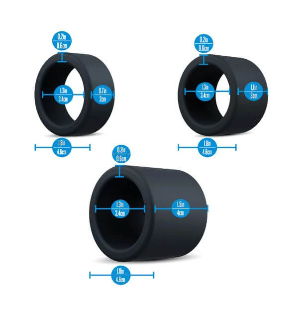 Performance Plus Accelerate Silicone Cock Ring Set 3 Piece dimensions and sizes display.