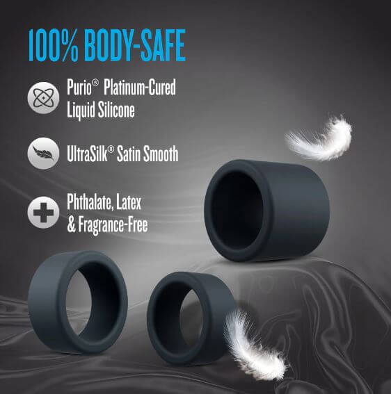 Performance Plus Accelerate Silicone Cock Ring Set 3 Piece features 100% body-safe platinum-cured silicone and satin smooth finish.