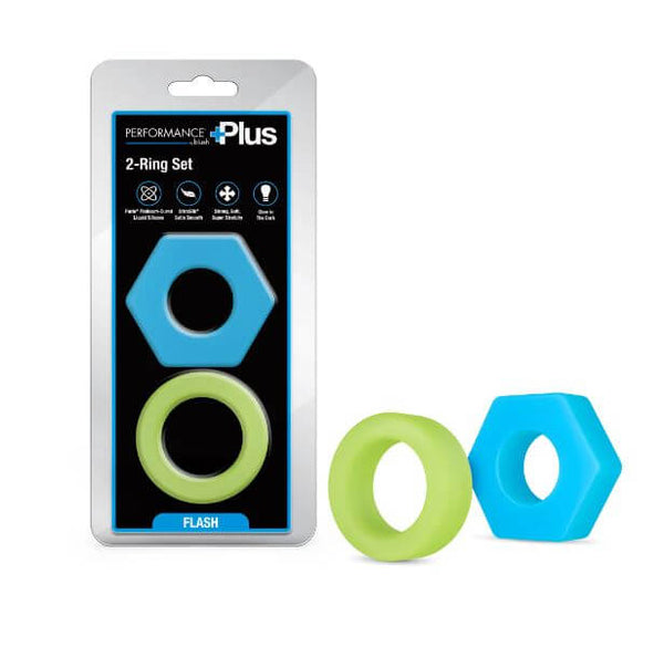 Performance Plus Flash Silicone Glow in the Dark Cock Ring Set displayed in packaging with two colorful rings.
