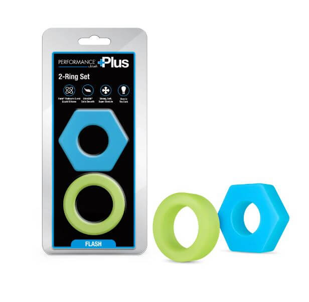Performance Plus Flash Silicone Glow in the Dark Cock Ring Set displayed in packaging with two colorful rings.