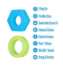 Performance Plus Flash Silicone Glow in the Dark Cock Ring Set features two rings in blue and green for enhanced pleasure.