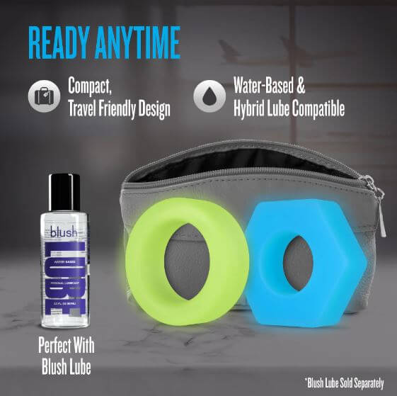 Performance Plus Flash Silicone Glow in the Dark Cock Ring Set with travel pouch and lube on display.