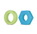 Performance Plus Flash Silicone Glow in the Dark Cock Ring Set, featuring a green ring and a blue hexagonal ring.