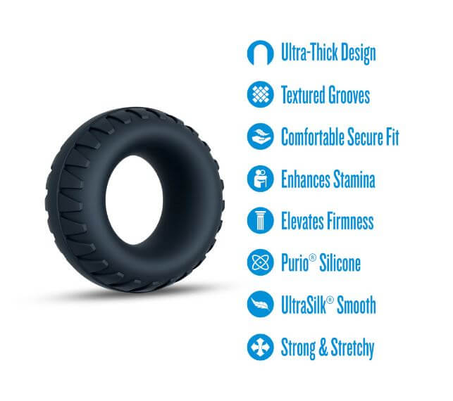 Performance Plus Traction Silicone Cock Ring Black features including ultra-thick design and textured grooves for enhanced pleasure.