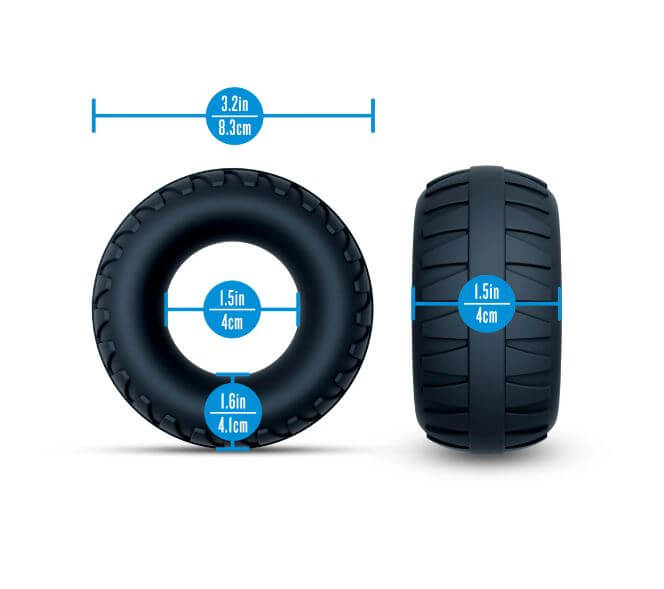 Performance Plus Traction Silicone Cock Ring Black, showing size dimensions of 3.2in diameter and 1.5in width.