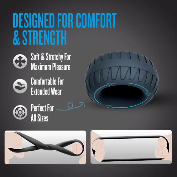 Performance Plus Traction Silicone Cock Ring Black features, designed for comfort and strength, soft and stretchy design.
