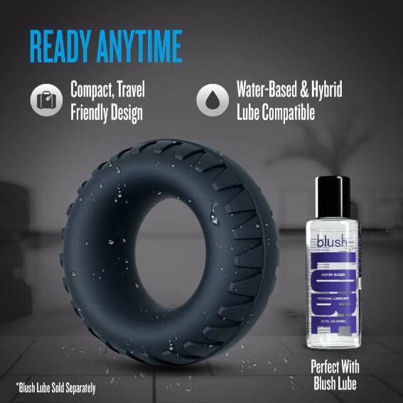 Performance Plus Traction Silicone Cock Ring Black displayed with water-based lube, featuring compact travel design.