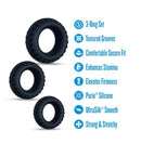 Performance Plus Drift Silicone Cock Rings 3 Piece Set Black showcasing textured grooves, strong fit, enhances stamina, and ultra-smooth silicone.