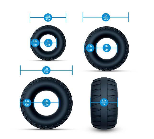 Performance Plus Drift Silicone Cock Rings 3 Piece Set Black dimensions and specifications illustration