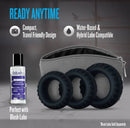 Performance Plus Drift Silicone Cock Rings 3 Piece Set Black with travel-friendly pouch and compatible lube.