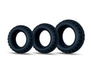 Performance Plus Drift Silicone Cock Rings 3 Piece Set Black, showing three black silicone cock rings in varying sizes.