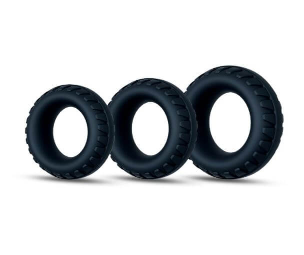 Performance Plus Drift Silicone Cock Rings 3 Piece Set Black, showing three black silicone cock rings in varying sizes.