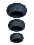 Performance Plus Drift Silicone Cock Rings 3 Piece Set Black on a white background, showcasing premium silicone design.