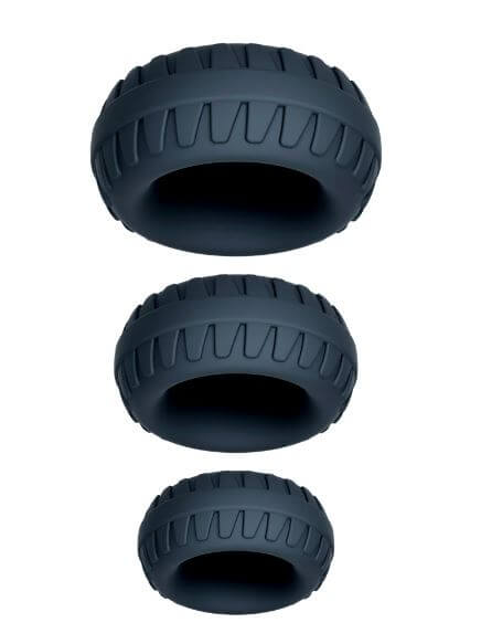 Performance Plus Drift Silicone Cock Rings 3 Piece Set Black on a white background, showcasing premium silicone design.