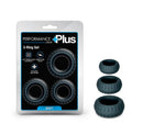 Performance Plus Drift Silicone Cock Rings 3 Piece Set Black in packaging, featuring three textured rings for stamina and pleasure.
