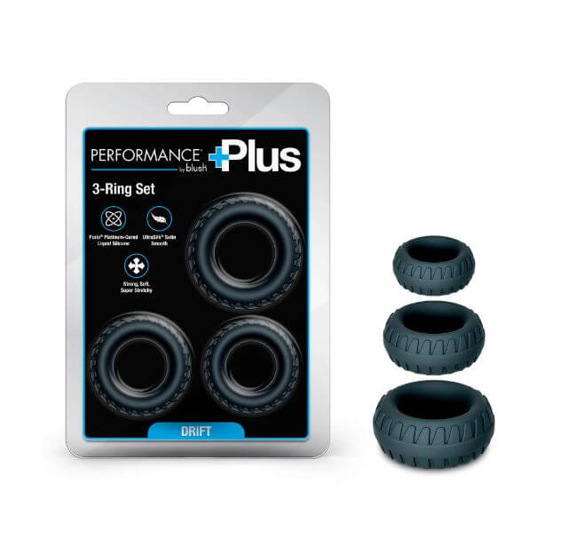 Performance Plus Drift Silicone Cock Rings 3 Piece Set Black in packaging, featuring three textured rings for stamina and pleasure.