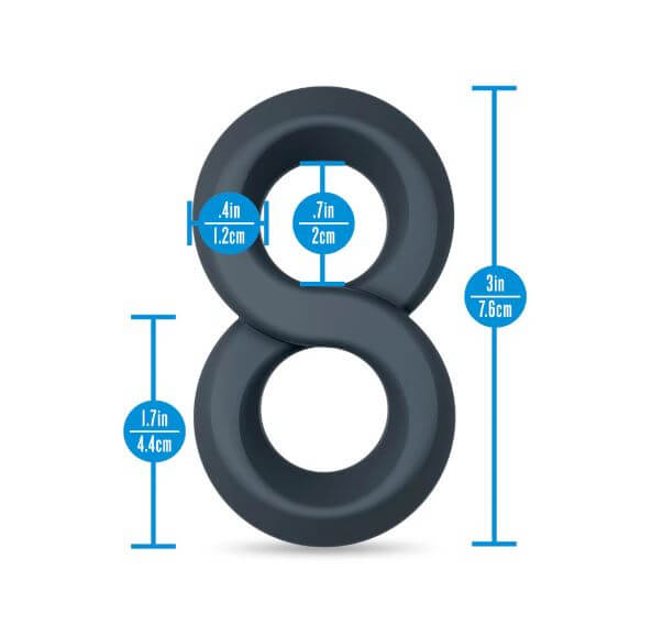 Performance Plus Launch Silicone Cock and Ball Strap Black dimensions with figure-8 design and measurements.