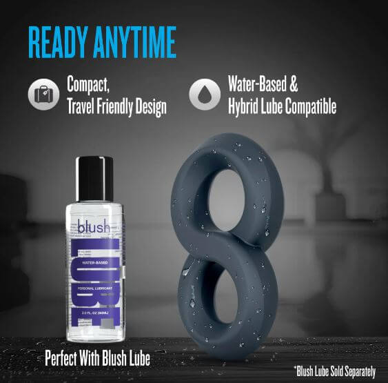 Performance Plus Launch Silicone Cock and Ball Strap Black with Blush Lube compatibility, travel-friendly design.