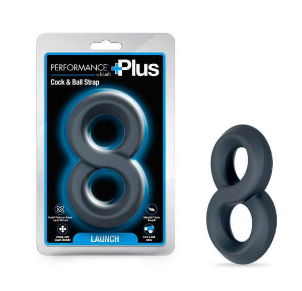 Performance Plus Launch Silicone Cock and Ball Strap Black in packaging, featuring a durable figure-8 design.