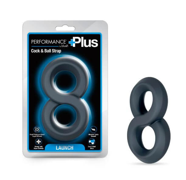 Performance Plus Launch Silicone Cock and Ball Strap Black in packaging, featuring a durable figure-8 design.