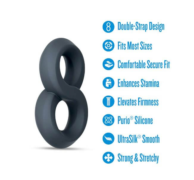 Performance Plus Launch Silicone Cock and Ball Strap Black with double-strap design and features listed.