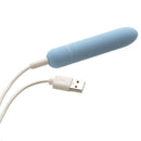 Adam & Eve Eve's Silky Sensations Rechargeable Bullet in soft blue silicone with USB charging cable.