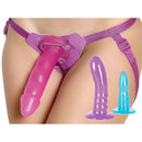 Adam & Eve Eve's Strap-on Play 4 Piece Set featuring pink harness and graduated dildos for versatile strap-on play.